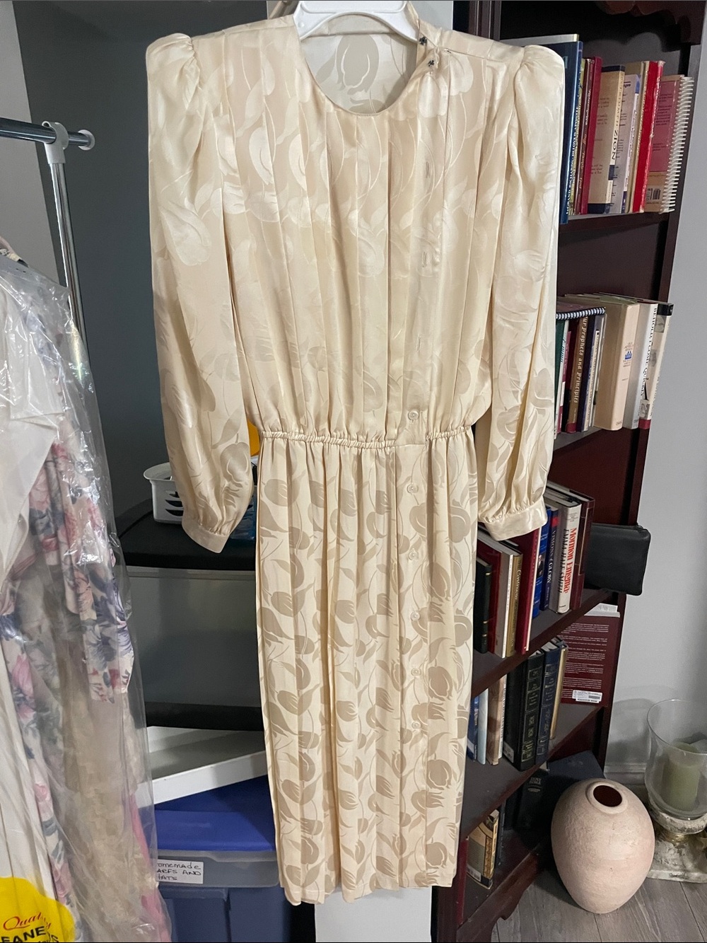 Cream Long-Sleeve Floral Midi Dress